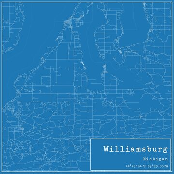Blueprint US city map of Williamsburg, Michigan.