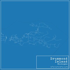 Blueprint US city map of Drummond Island, Michigan.