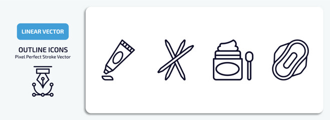 hygiene outline icons set. hygiene thin line icons pack included gel, toothpick, scrub up, hygienic pad vector.