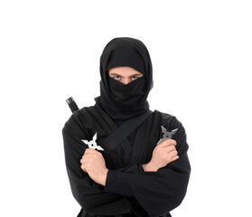 Male ninja with shurikens on white background