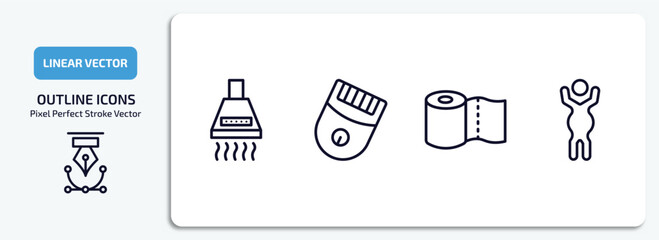 hygiene outline icons set. hygiene thin line icons pack included extractor, epilator, paper towel, body shaming vector.