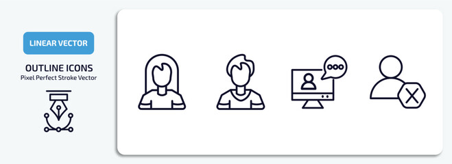 human resources outline icons set. human resources thin line icons pack included women, man, video conference, remove user vector.