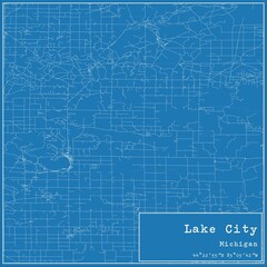 Blueprint US city map of Lake City, Michigan.