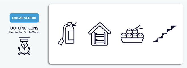 hotel and restaurant outline icons set. hotel and restaurant thin line icons pack included fire extinguisher, hostel, takoyaki, stairway vector.