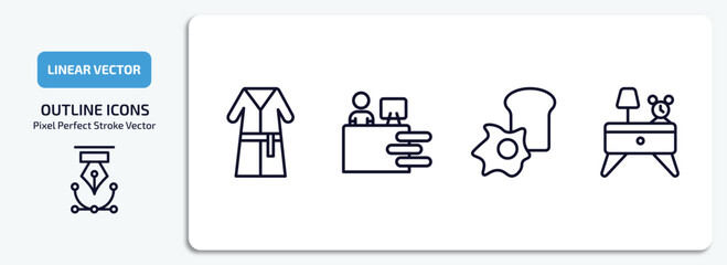 hotel outline icons set. hotel thin line icons pack included bathrobe, receptionist, breakfast, nightstand vector.