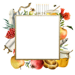 Rosh Hashanah square greeting card template watercolor illustration isolated on white background for Jewish New year. Shana tova template frame with copyspace, pomegranates, honey, holiday symbols