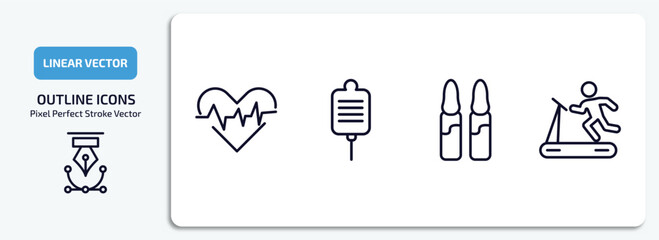 health and medical outline icons set. health and medical thin line icons pack included cardiology, salt, ampoule, treadmill vector.