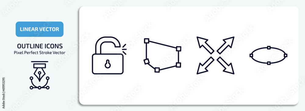 Poster geometry outline icons set. geometry thin line icons pack included unlock, polygon, extend, ellipse 