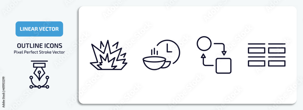 Poster geometry outline icons set. geometry thin line icons pack included explode, break, transform, array 