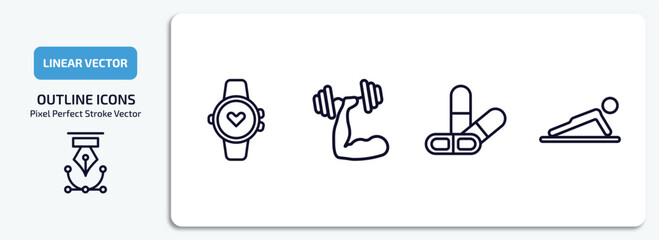 gym and fitness outline icons set. gym and fitness thin line icons pack included training watch, fitness, press simulator, vector.