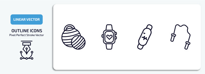 gym and fitness outline icons set. gym and fitness thin line icons pack included pilates ball, sport watch, fitness bracelet, skip rope vector.