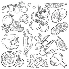 Vegetables doodle drawing collection.