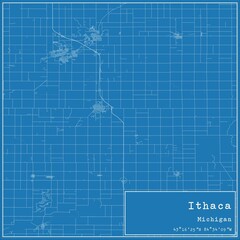 Blueprint US city map of Ithaca, Michigan.