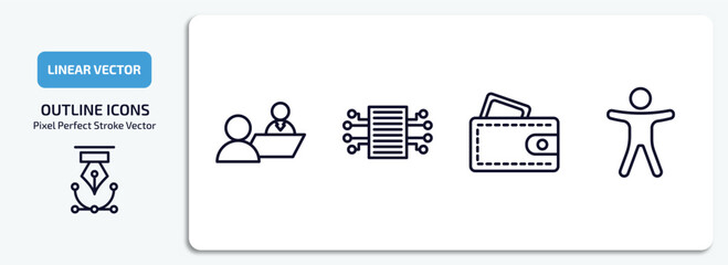 general outline icons set. general thin line icons pack included job interview, smart contract, card wallet, man with open arms vector.