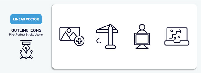 general outline icons set. general thin line icons pack included add photos, construction crane, coworking, digital strategy vector.