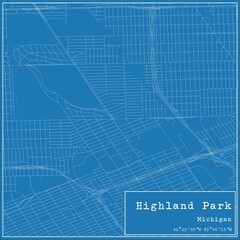 Blueprint US city map of Highland Park, Michigan.