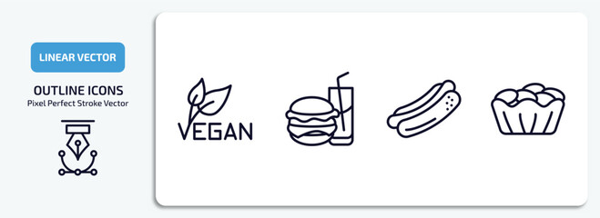 food outline icons set. food thin line icons pack included vegan, hamburger and drink, hot dog with mustard, canadian vector.