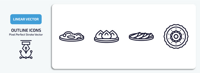 food and restaurant outline icons set. food and restaurant thin line icons pack included zha jiang mian, wonton, popiah, moon cake vector.