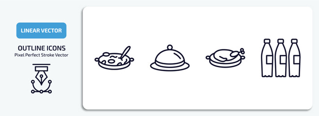 food outline icons set. food thin line icons pack included cantonese seafood soup, covered food tray, peking duck, recycling bottles vector.
