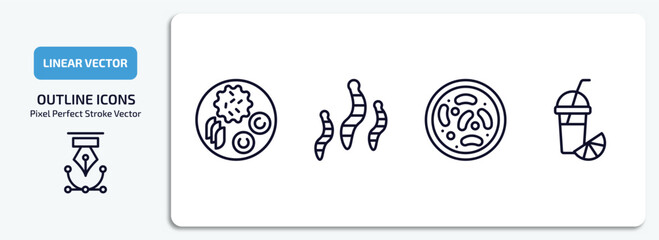 food outline icons set. food thin line icons pack included hainanese chicken, worms, red bean soup, fresh smoothie vector.
