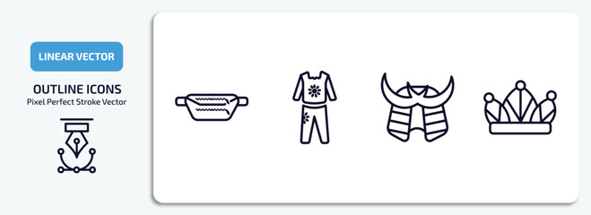 fashion outline icons set. fashion thin line icons pack included belt pouch, women tracksuit, samurai helmet, monarchy vector.