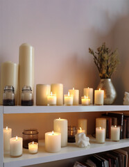 many candles on shelves at home. Light cozy home interior. Ai generated 