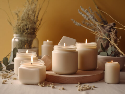 Natural eco home decor candles on white table. Poster mock up for handmade candle production. Ai generated