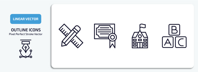 education outline icons set. education thin line icons pack included school material, diploma, school, abc vector.