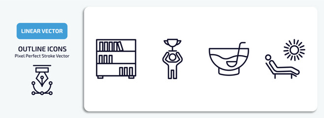 education outline icons set. education thin line icons pack included book shelf, man with trophy, punch bowl, leisure vector.