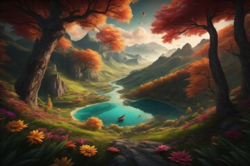 A beautiful painting of a serene valley with tall trees and a tranquil river flowing through, capturing the essence of nature's peacefulness.
