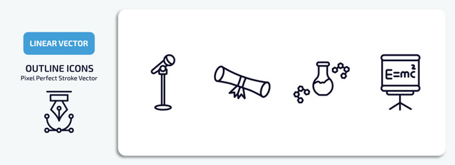 education outline icons set. education thin line icons pack included microphone with stand, diploma roll, chemical content, relativity formulae vector.