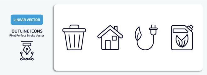 ecology outline icons set. ecology thin line icons pack included dust bin, green house, eco plug, bio fuel vector.