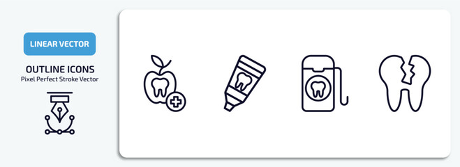 dentist outline icons set. dentist thin line icons pack included dentist, toothpaste tube, dental floss, damaged tooth vector.