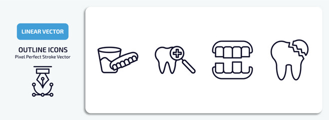 dentist outline icons set. dentist thin line icons pack included denture, dental checkup, overdenture, broken tooth vector.