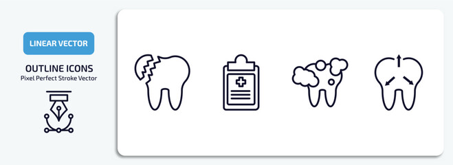 Naklejka premium dentist outline icons set. dentist thin line icons pack included broken tooth, health report, tooth cleaning, intraoral vector.