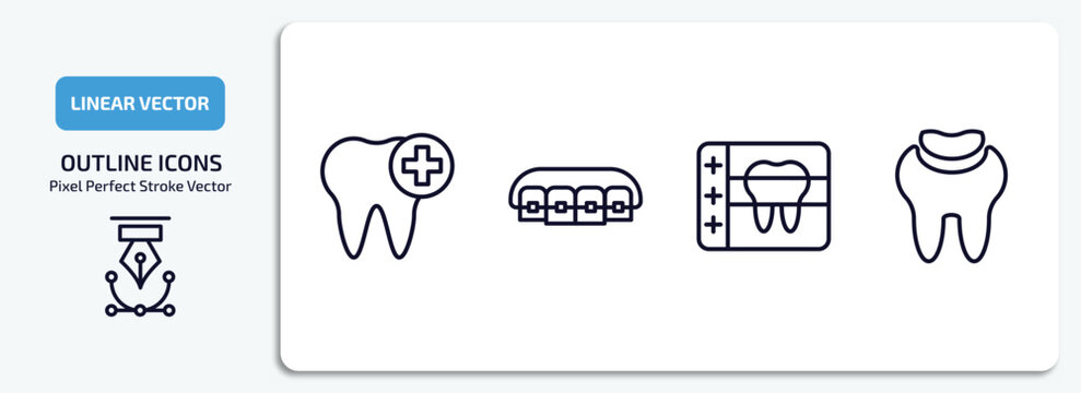 dentist outline icons set. dentist thin line icons pack included healthy tooth, lingual braces, radiograph, dental filling vector.