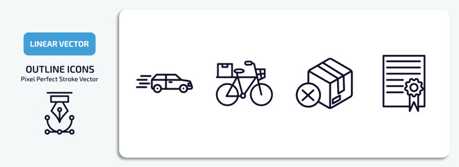delivery and logistic outline icons set. delivery and logistic thin line icons pack included delivery by car, by bike, cancelled, charter vector.