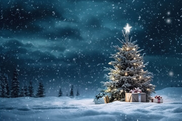 Snowy Christmas tree with gifts on a magical night winter background. Generative AI