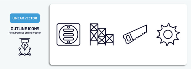 construction tools outline icons set. construction tools thin line icons pack included drain, scaffolding, carpenter saw, circular saw vector.