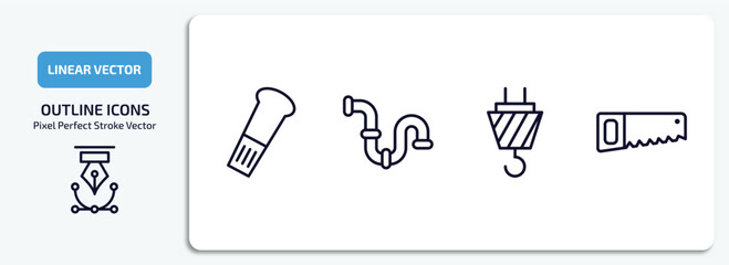 construction tools outline icons set. construction tools thin line icons pack included wedge tool, plumbing pipes, hook with cargo, saw vector.