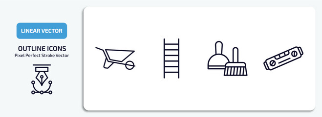 construction tools outline icons set. construction tools thin line icons pack included wheel barrow, ladder, dustpan and brush, plumb rule tool vector.