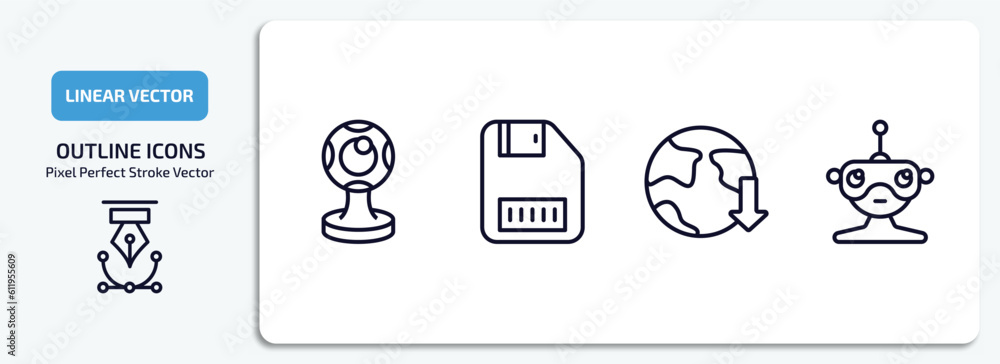 Poster computer outline icons set. computer thin line icons pack included round webcam, save file, download