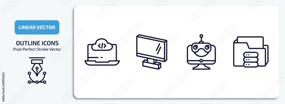 Poster computer outline icons set. computer thin line icons pack included computing code, 3d screen, roboti