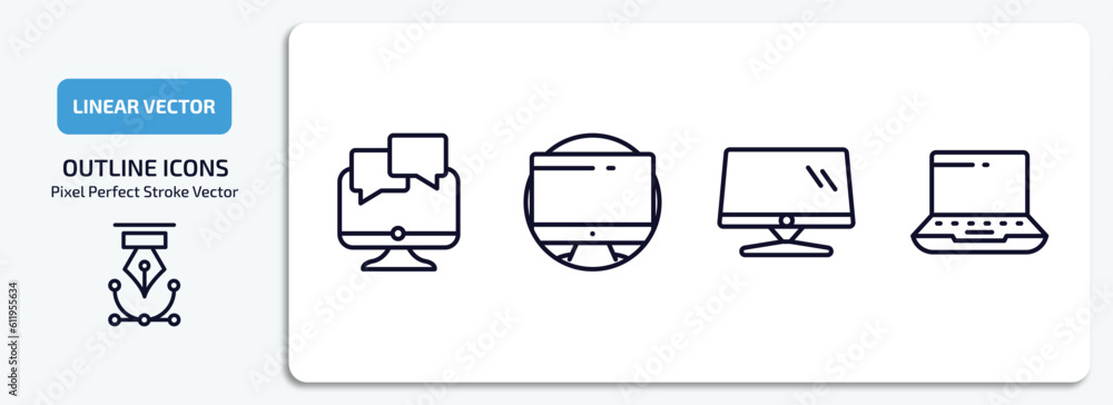 Poster computer outline icons set. computer thin line icons pack included online chat, circular de, monitor