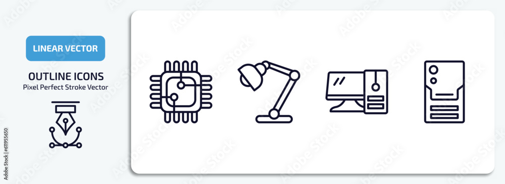Aufkleber computer outline icons set. computer thin line icons pack included square chip, study lamp, workstat