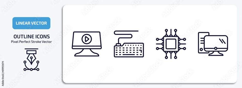Poster computer outline icons set. computer thin line icons pack included computer video, classroom keyboar