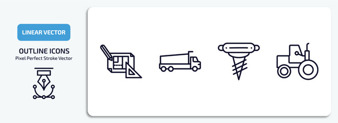 construction outline icons set. construction thin line icons pack included construction plan, tipper, pickaxes drilling, steamroller vector.