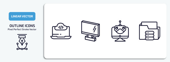 computer outline icons set. computer thin line icons pack included computing code, 3d screen, robotic, connected folder data vector.