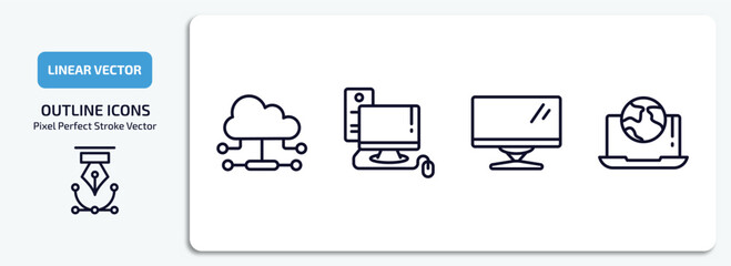 computer outline icons set. computer thin line icons pack included cloud network, computer, monitor, surfing the net vector.