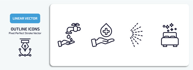 cleaning outline icons set. cleaning thin line icons pack included hand wash, sanitize, spray, clean room vector.